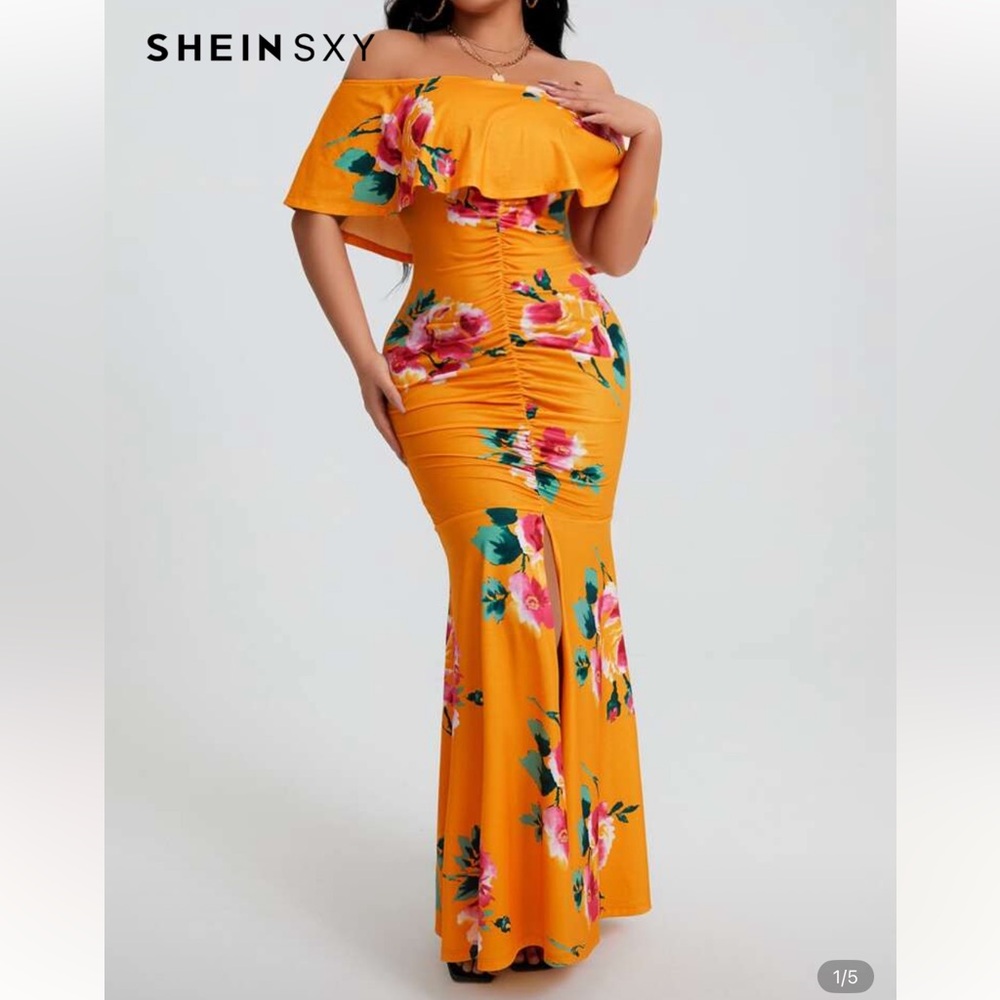 SHEIN Orange Floral Off-Shoulder Maxi Dress
